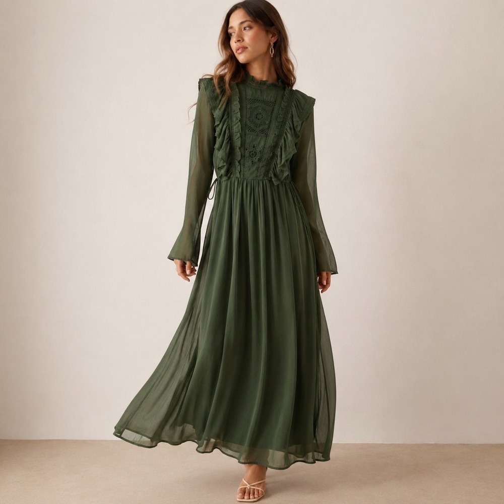 ASOS Maxi Dress Size 12 Green Crochet Ruffle Bohemian Event Whimsical Ethereal